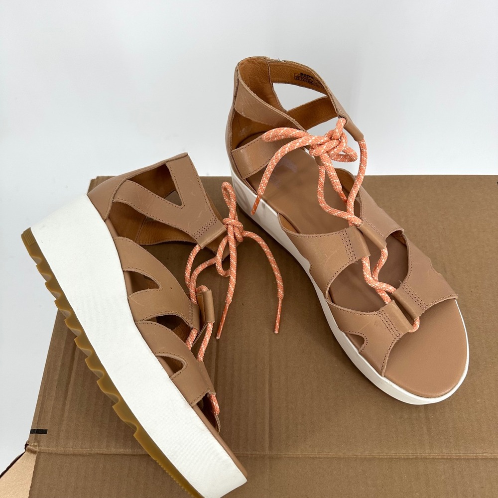 Sorel Tan Cameron Platform Lace Wedge Leather Sandal Women's 9.5